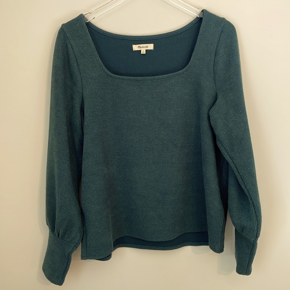 Madewell Ottoman Rib Square Neck Long Sleeve Top in Dark Green